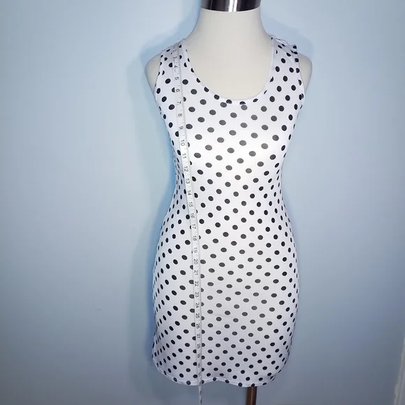 OBJEX DRESS M Sleeveless Bodycon White Black polka dots Short Casual - Picture 2 of 3